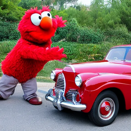 Prompt: Elmo hijacks a vintage Packard