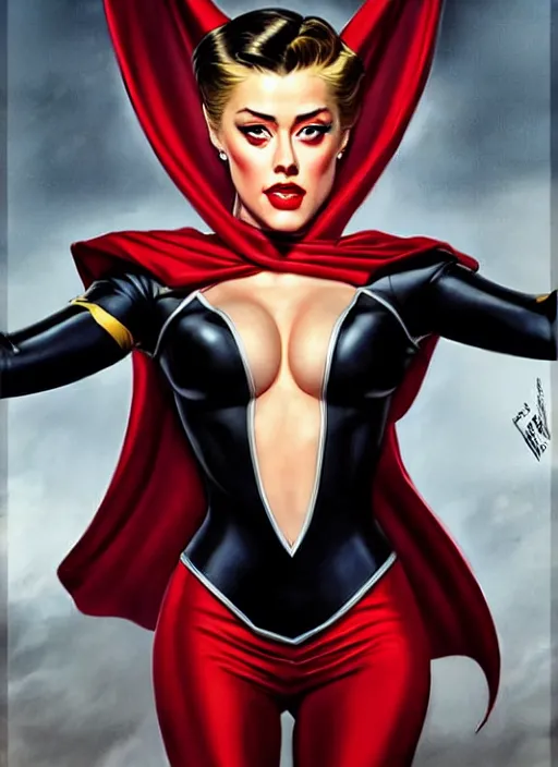 Image similar to evil amber heard as a comic book super villain wearing a courtroom costume, full body portrait, natural lights, photorealism, dramatic, cinematic, art by artgerm, rossdraws, norman rockwell, magali villeneuve, gil elvgren, alberto vargas, earl moran, enoch bolles