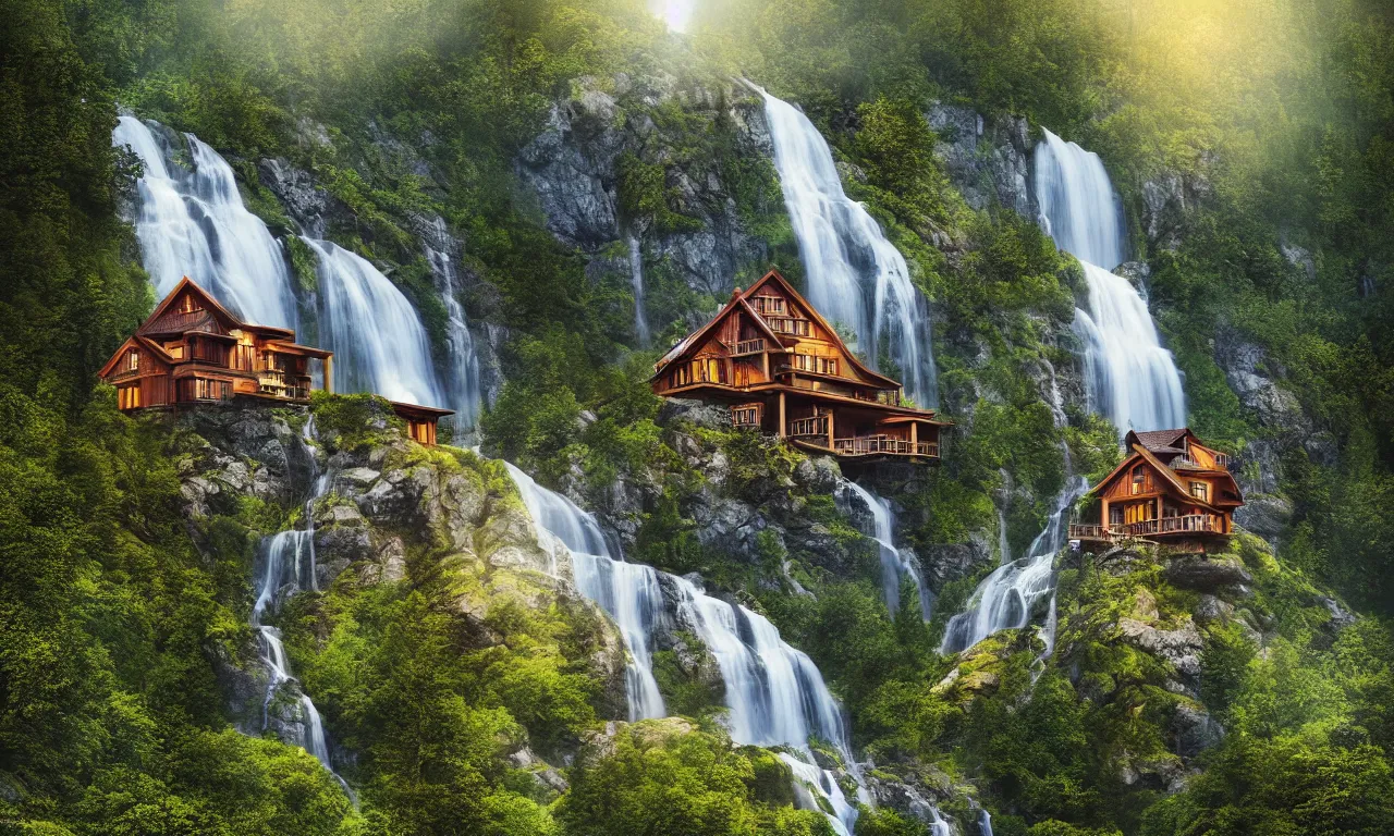 Image similar to beautiful large scandinavian house in the forest on a hill, a large waterfall flows down from the mountain in the background, vector art, fabulous, random cinematic view, no noise, global illumination, warm lighting, volumetric, by jordan grimmer