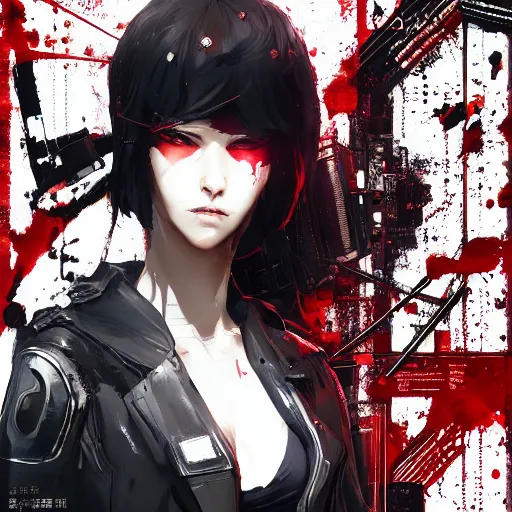 Prompt: highly detailed portrait of a post-cyberpunk robotic young lady by Akihiko Yoshida, Greg Tocchini, Greg Rutkowski, Cliff Chiang, 4k resolution, persona 5 inspired, vibrant red,brown, white and black color scheme with stray wiring