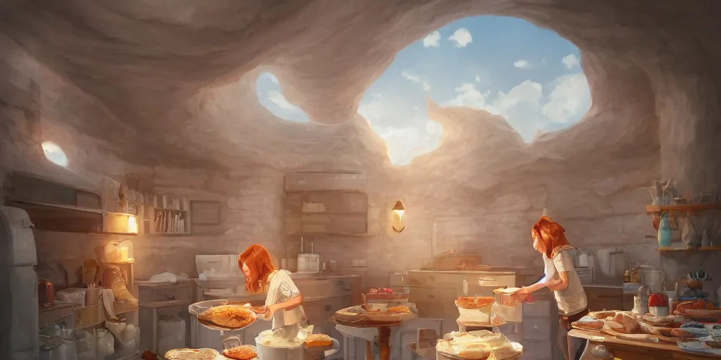 Prompt: beautiful digital illustration of a mom baking cookies by andreas rocha, curvilinear architecture, fluffy pastel clouds, cinematic, architecture, concept art, deviantart, artsation, artstation hq, hd, 1 6 k resolution, smooth, sharp detail, amazing depth, octane, finalrender, unreal engine