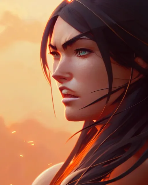 Image similar to azctec warrior, megan fox, detailed perfect face, exquisite details, fire magic, mid view, design on a white background, by studio muti, greg rutkowski makoto shinkai takashi takeuchi studio ghibli