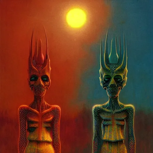 Image similar to kang and kodos ( the simpsons halloween special ) by beksinski and tristan eaton, dark neon trimmed beautiful dystopian digital art