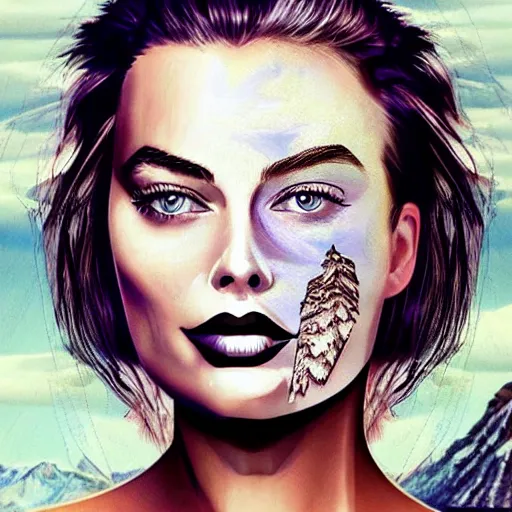 Prompt: face morph tattoo design of margot robbie and beautiful mountain scenery, in the style of arlo dicristina, amazing detail, mash up