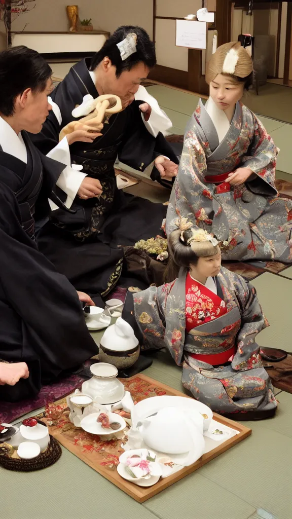 Prompt: Japanese tea ceremony between a cowboy and a dragon
