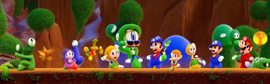 Prompt: full body shot of a bunch of actors dancing expressively dynamically in the landscape of super mario bros, pixar illumination studios movie by john lasseter, cinematic wide angle, fluid liquid shiny slimy fast motion