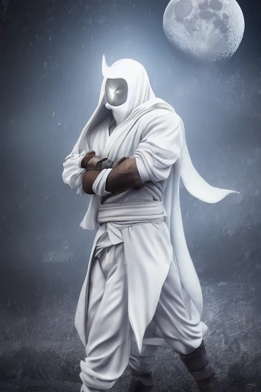 Image similar to hyperrealistic photography of Moon Knight mixed with Hokage style of Hossein Diba, Gal Yosef, full-shot, 4k, highly detailed, cinematic lighting, photorealistic, 3d render, award winning render, unreal engine, masterpiece, octane render, sharp focus, studio lighting, 8k, hd