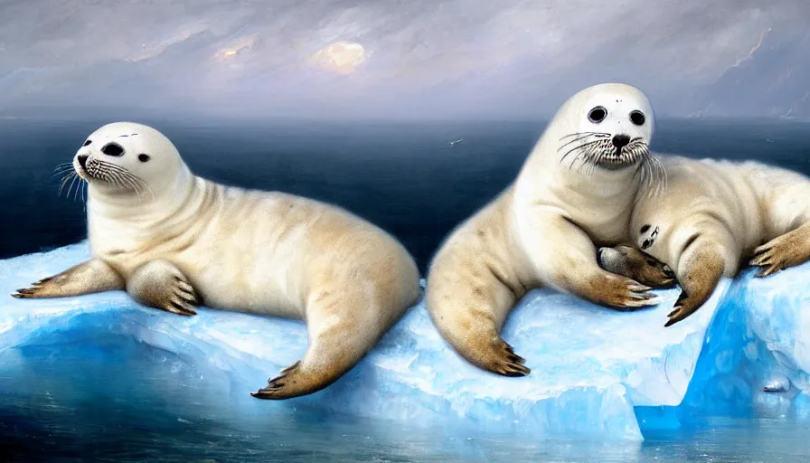 Image similar to highly detailed painting of cute furry white baby seal leopards cuddling into each other on a blue and white iceberg by william turner, by greg rutkowski, by william constable, thick brush strokes and visible paint layers, 4 k resolution