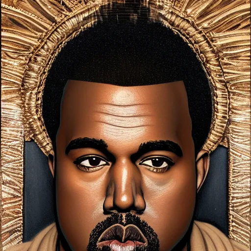 Image similar to a portrait of Kanye West, detailed, centered, digital painting, artstation, concept art, donato giancola, Dante Gabriel Rossetti, alphonse mucha, Joseph Christian Leyendecker, WLOP, Boris Vallejo, Annie Leibovitz and Steve McCurry, David Lazar, Jimmy Nelsson, Breathtaking, 8k resolution, extremely detailed, beautiful, establishing shot, artistic, hyperrealistic, beautiful face, octane render