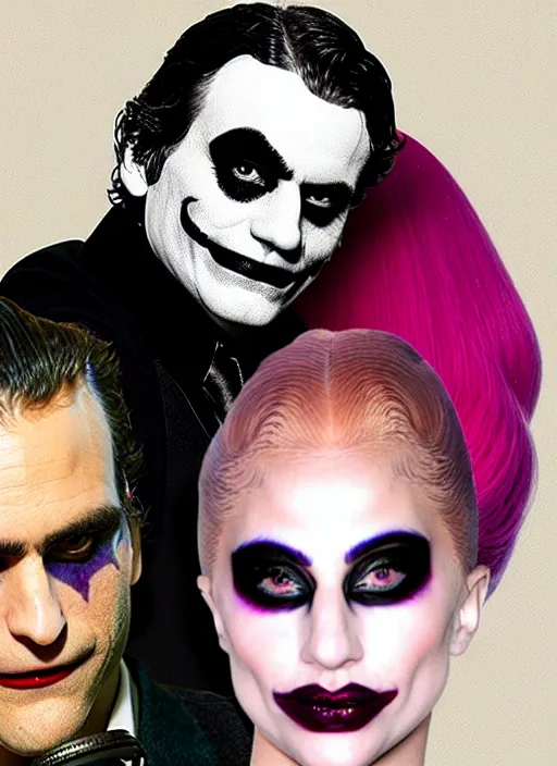 Image similar to highly detail and highly realistic and intricate and pop up - lady gaga harley queen and joaquin phoenix joker - mimmo rottela