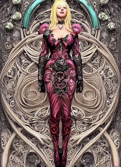 Prompt: blonde girl in a cosmic dress, full-body tattoos, ornate, rococo, grotesque, zbrush art, majestic, organics, silver filigree, colorful, dark fantasy, celtic knot, anatomical, HR, giger style, moebius, frank frazetta, ornate, art nouveau, symmetrical, turquoise jewelry, red smoke, roses, unbiased render, rotten, Emil melmoth, eerie, macabre, haunting,detailed and intricate, floral, faded pink, hypermaximalist, elegant, vintage, hyper realistic, super detailed, pastel colors, 8K, octane render, 8k,