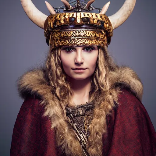 Prompt: beautiful Viking queen with ornate cloak, highly detailed, 4k, HDR, smooth, sharp focus, hyper realistic, high resolution, award-winning photo
