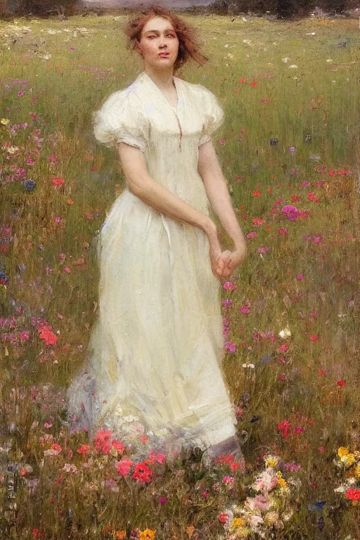 Image similar to Richard Schmid and Jeremy Lipking full length portrait painting of a young beautiful edwardian girl walking through a field of flowers