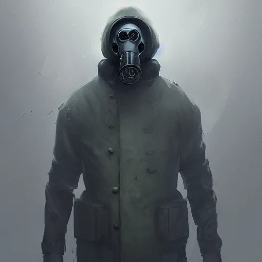 Image similar to hooden villain wearing a gas mask with smoke coming out of his body, dark background, unreal engine 5, ultra realistic, detailed, fog, by greg rutkowski