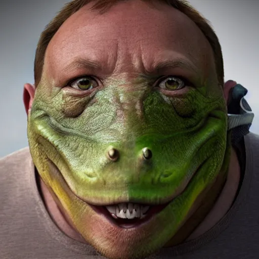 Image similar to hyperrealistic mixed media image of info wars alex jones with ( ( bullfrog face mask ) ), stunning 3 d render inspired art by xiang duan and thomas eakes and greg rutkowski, perfect facial symmetry, hyper realistic texture, realistic, highly detailed attributes and atmosphere, dim volumetric cinematic lighting, 8 k octane detailed render, post - processing, masterpiece,