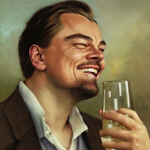 Prompt: leonardo dicaprio laughing with a small sherry glass in hand, aristocratic clothing, highly detailed, intricate, digital painting, artstation, sharp focus, illustration, art by jakub rozalski, greg rutkowski, artgerm, tan zi and ayanamikodon and alphonse mucha and wlop