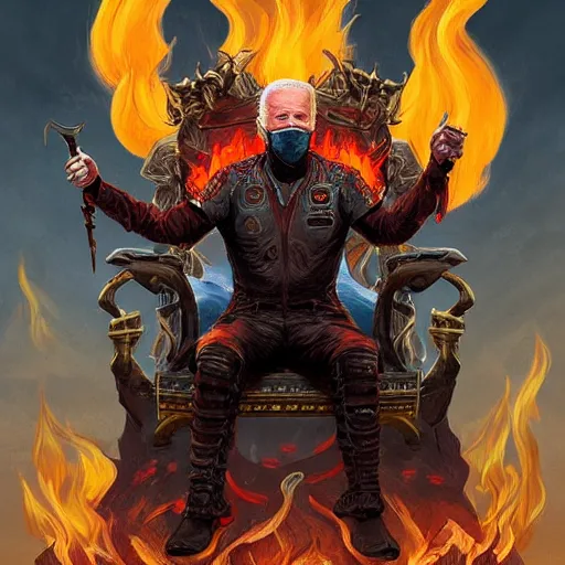 Image similar to Joe Biden sitting on a throne of skulls surrounded by fire, digital painting, highly detailed, trending on Artstation