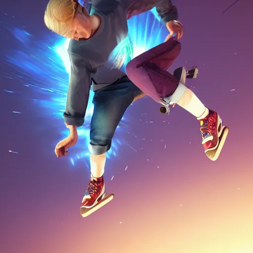 Image similar to skateboarding with friends when a dimensional rift opens up, in the style of artgerm Hiroya Oku Riyoko Ikeda, 3d render, artstation trending, 8k, octane render, photorealistic, sharp detail, manga