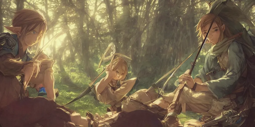 Prompt: cinematic full anime portrait of link from zelda resting with his bow at his tent. intricate, elegant, highly detailed, digital art, artstation, concept art, smooth, sharp focus, illustration, by stanley artgerm, greg rutkowski, studio ghibli, alphonse mucha, norman rockwell 8 k
