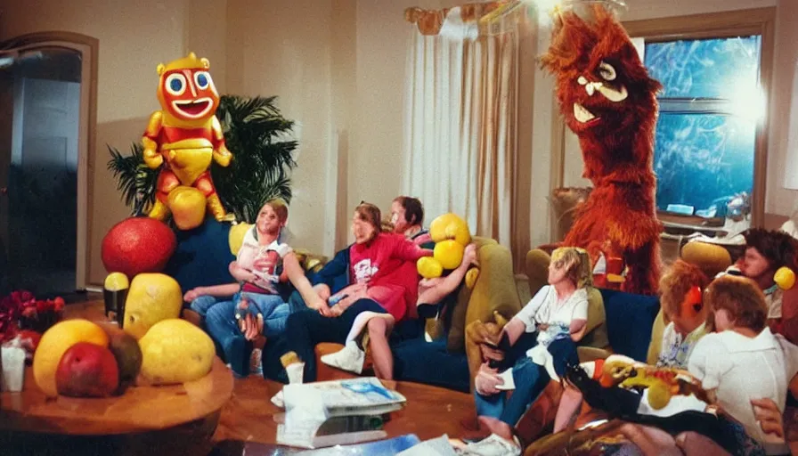 Image similar to 1990s candid photo of a beautiful day in the living room, cinematic lighting, cinematic look, golden hour, large costumed mascot business fruit people giving spaceship presentations to families, Enormous personified business fruit people with outstandingly happy faces coming out of a portal and talking to families about space and planets, UHD