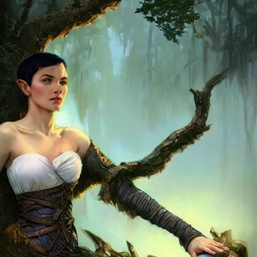 Image similar to d & d portrait of an elf resting on a tree, short black hair, regal sky blue robes, sharp focus, intricate, smooth, ultra realistic digital art, high fantasy, pointed ears, elegant, by artgerm, greg rutkowski, alphonse mucha