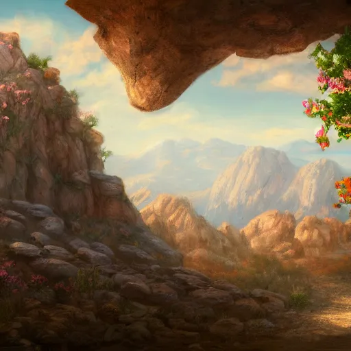 Image similar to a matte painting of the wild west, patchy flowers and rocks, oil painting, pale colors, high detail, 8 k, wide angle, trending on artstation,