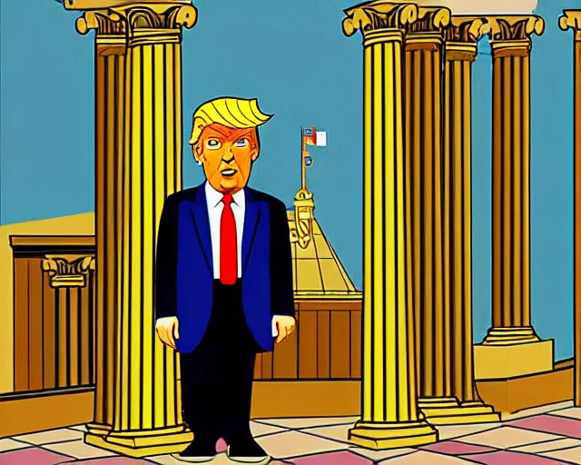 Prompt: donald trump in mathemagic land, in the style of disney, golden ratio, roman pillars, greek architecture, aesops fables, instructional cartoon movie