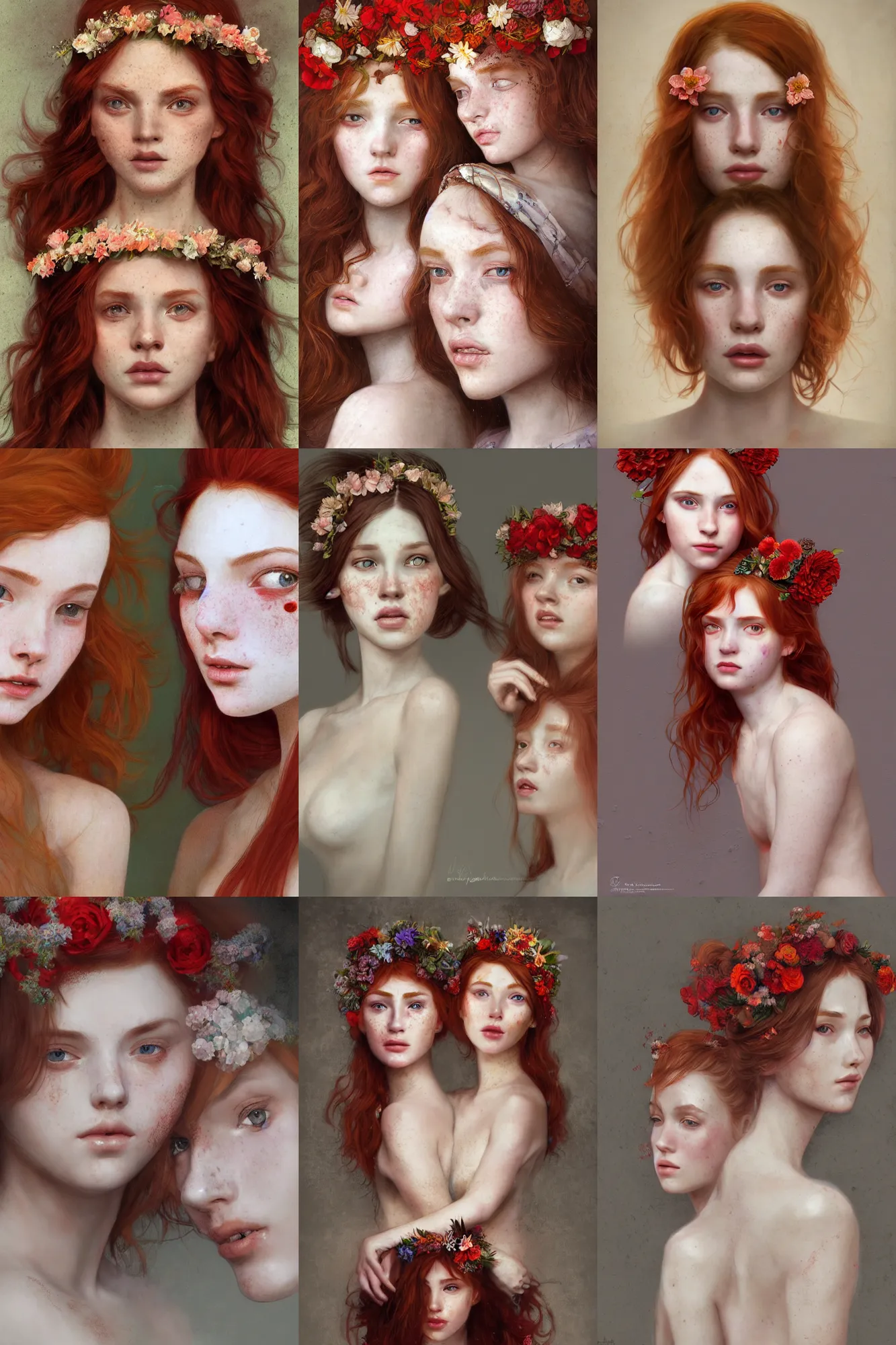 Prompt: Masterpiece, ethereal portrait of 2 beautiful red haired girls with freckles, wearing a flower headpiece, porcelain skin, cinematic lighting, photo realistic, highly detailed, maya, digital painting, artstation, concept art, sharp focus, illustration, by Mucha