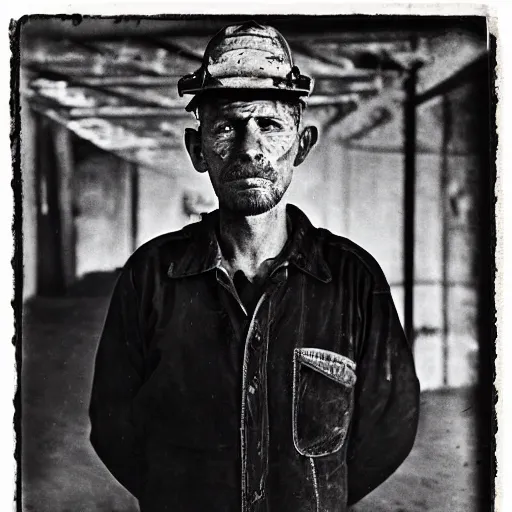 Image similar to portrait of coal mine worker by Diane Arbus, 50mm, black and white photography