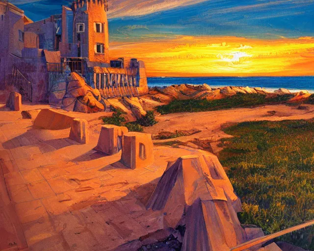 Prompt: painting on king's landing, isometric, golden hour, air shot, clean, ambience lighting, 3 0 mm