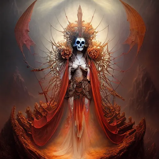 Image similar to a beautiful detailed 3d matte painting of female empress of the dead, by ellen jewett, tomasz alen kopera and Justin Gerard, symmetrical features, ominous, magical realism, texture, intricate, ornate, royally decorated, skull, skeleton, whirling smoke, embers, red adornements, red torn fabric, radiant colors, fantasy, trending on artstation, volumetric lighting, micro details, 3d sculpture, ray tracing, 8k