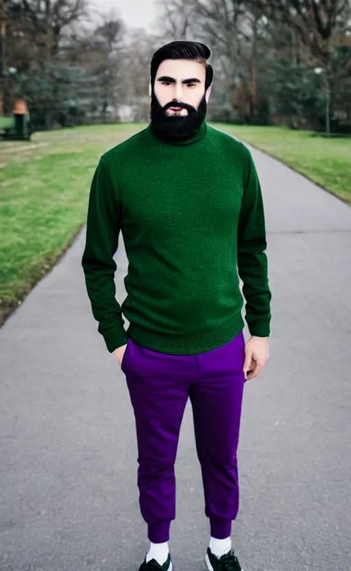 Prompt: a young man with a chin - style dark brown beard without mustache in a dark black cap, green turtleneck, purple pants and super white sneakers in full height, perfect smooth face, photography masterpiece