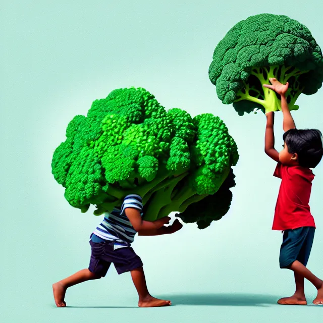 Prompt: epic professional kids book art of an East Indian toddler boy walking beside a giant anthropomorphic friendly broccoli, best on artstation, cgsociety, wlop, Behance, pixiv, astonishing, impressive, outstanding, epic, cinematic, stunning, gorgeous, breathtaking kids comic style art, masterpiece.