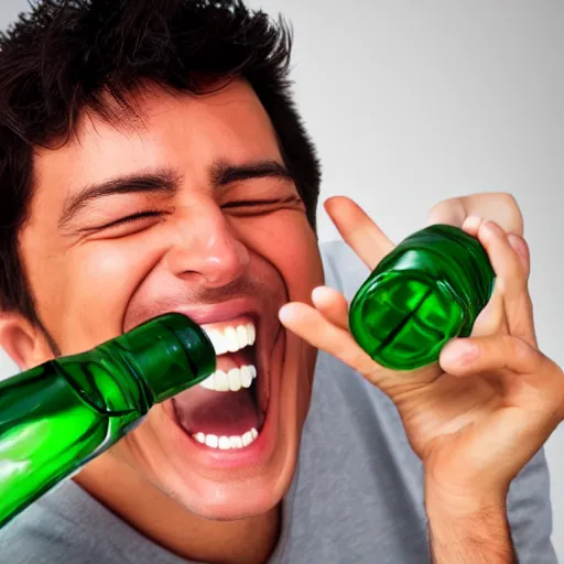 Image similar to stock photo of a man laughing at a green bottle