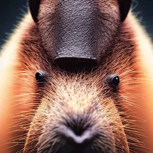 Image similar to a portrait of a baby capybara wearing a black hood, cloak covering face, anatomically correct, beautiful perfect face, enigmatic, oil painting, matte, black background, volumetric dynamic lighting, highly detailed, cinematic lighting, unreal engine, 8 k, hd, by beksinski