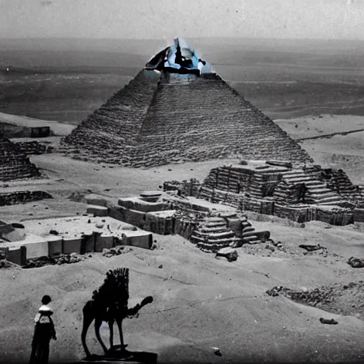 Prompt: egyptian pyramids under construction by an ancient racist alien