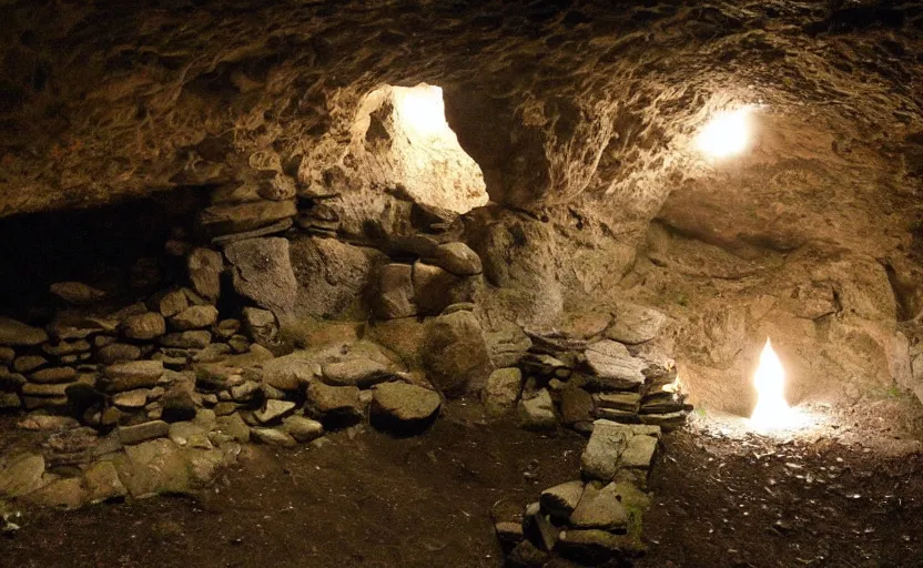 Image similar to cave built into an early medieval village lit by torches, plants