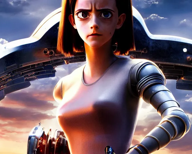 Image similar to a film still from battle angel alita played by actress emma watson, portrait, cinematic lighting, photorealistic, hyperrealistic, highly detailed, photorealistic, high resolution, 4 k