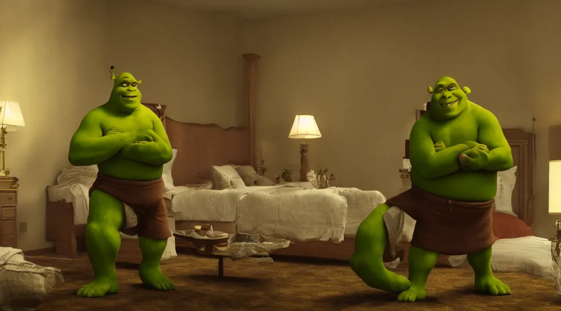 Image similar to Shrek tearing up a hotel room, octane render, epic composition, cinematic lighting, screenshot from pulp fiction