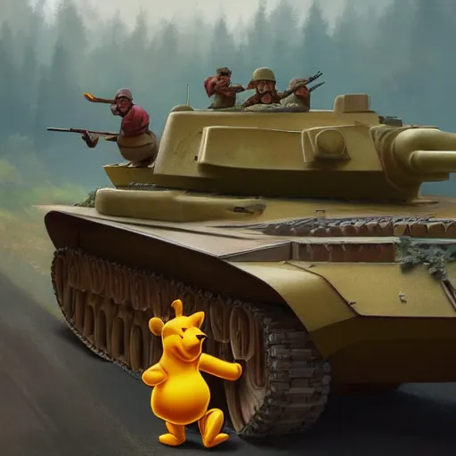 Image similar to winnie the pooh sitting down on road blocking chinese tanks, detailed defiant face, soldiers approaching, award winning photography, extremely detailed, artstation, 8 k, dramatic lighting, incredible art, wlop, artgerm