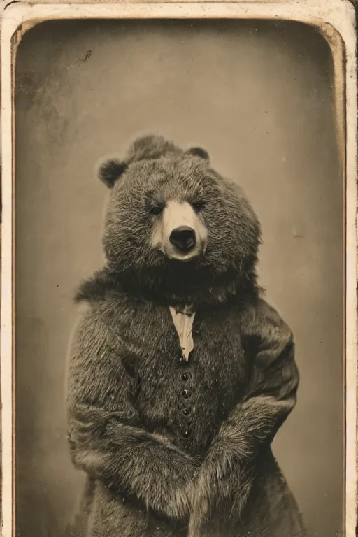 Image similar to a wet plate photo of an anthropomorphic bear dressed as a peasant