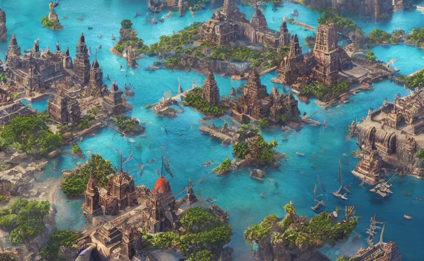 Prompt: an aztec city in a one island lake, surrounded by many 15th century ships, aerial view, high detail, by Craig Mullins, Peter Mohrbacher, unreal engine, octane rendered, 8K, dark beauty, trending on artstation