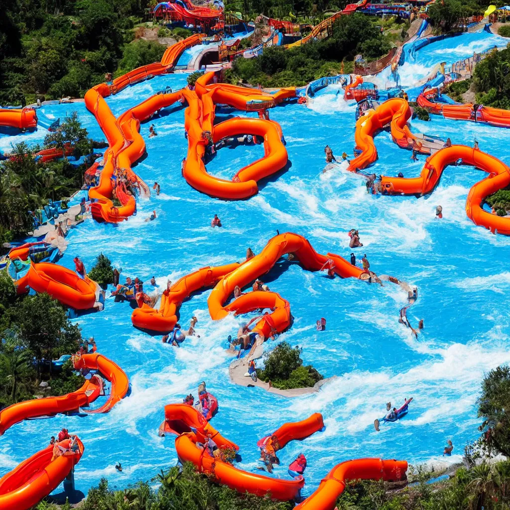 Prompt: an inflatable volcano erupting with water, Water park, wild rivers, raging waters, vacation photo