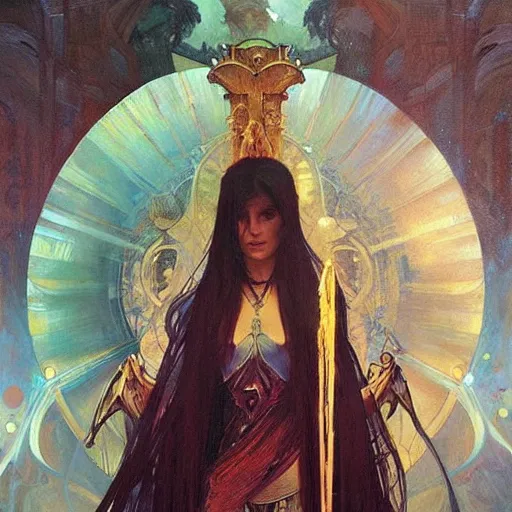 Prompt: an acrylic on canvas painting of a beautiful alien priestess by Greg Rutkowski, artgem and Alphonse Mucha. Epic fantasy art.