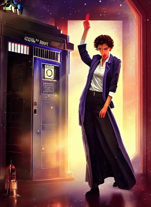 Prompt: rgb, thin, portrait of a woman doctor who, model, inside the tardis, short black curly hair, professor clothes, nerdy, in a classroom, shy, amazing composition & dynamic posing, by franz xavier leyendecker, wlop! muted colors, highly detailed, fantasy art by craig mullins, thomas kinkade cfg _ scale 9