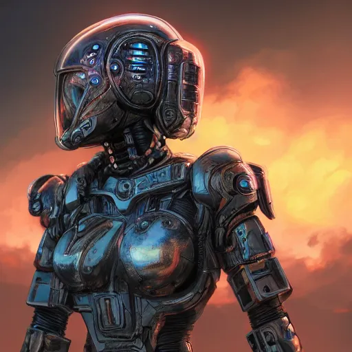 Prompt: ultra realist and ultra intricate detailed soft painting of a beautiful sci-fi armored female, from the waist up, sci-fi helmet, symmetry features, sensual gloomy style, volumetric clouds, cyberpunk burning building background, artstation, unreal render, depth of field