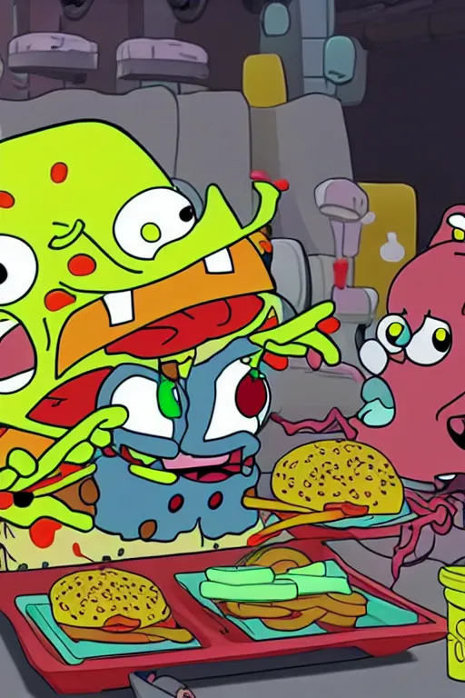 Prompt: sifi spongebob fight mr crabs for a burger, anime, 4 k