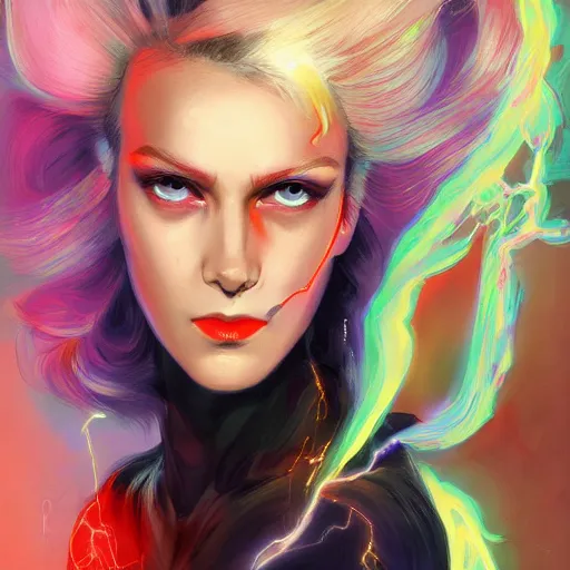 Prompt: half - monster woman, white and multicolored hair, surrounded by electricity, cosmic background, with cute - fine - face, pretty face, realistic shaded perfect face, fine details by realistic shaded lighting poster by ilya kuvshinov katsuhiro otomo, magali villeneuve, artgerm, jeremy lipkin and michael garmash and rob rey