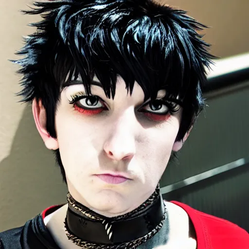 Prompt: anime style trans guy with black shaggy hair and piercings, emo, goth