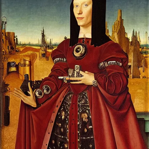 Image similar to a portrait of cyborg princess connected to a man-machine interface by Jan van Eyck, renaissance style